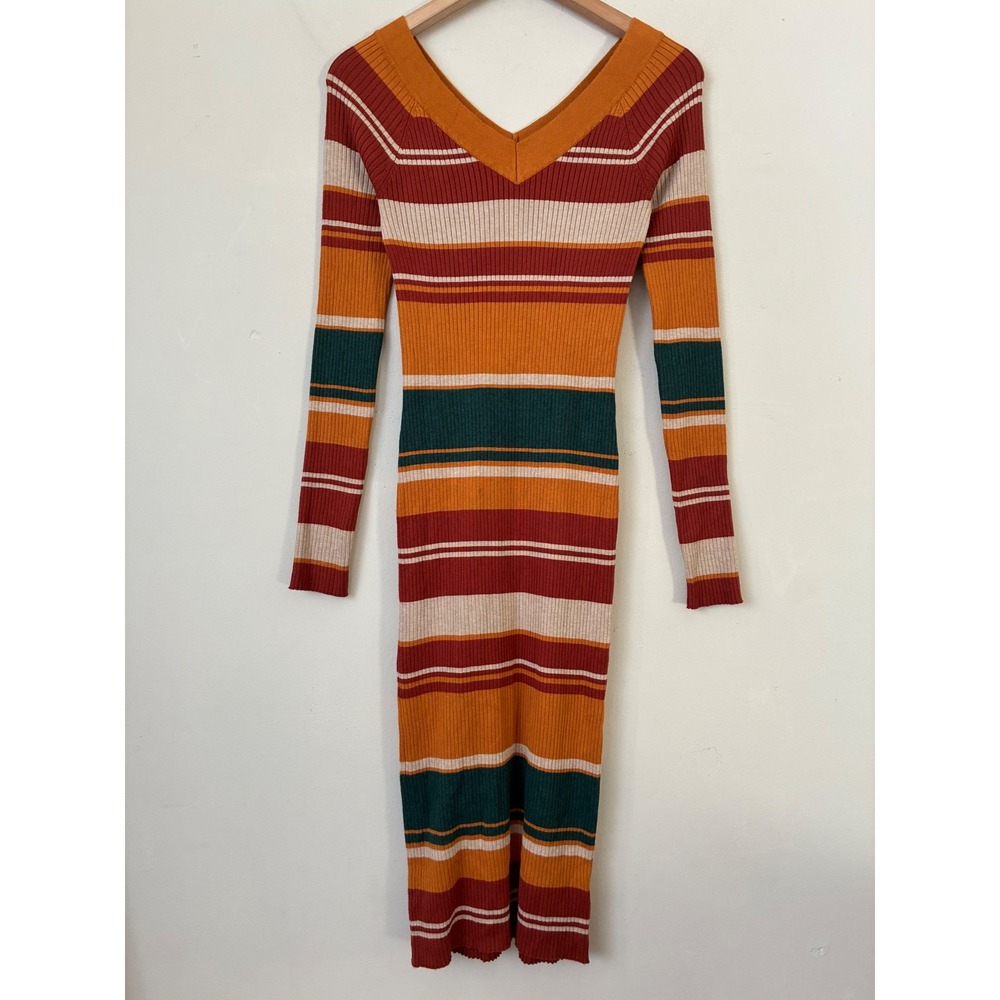 Hippie Rose Fall Womens Striped Rib Knit V-Neck Midi Sweater Dress Orange Rust M
